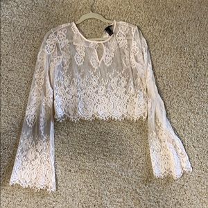 Ivory/light pink lace long sleeve crop top